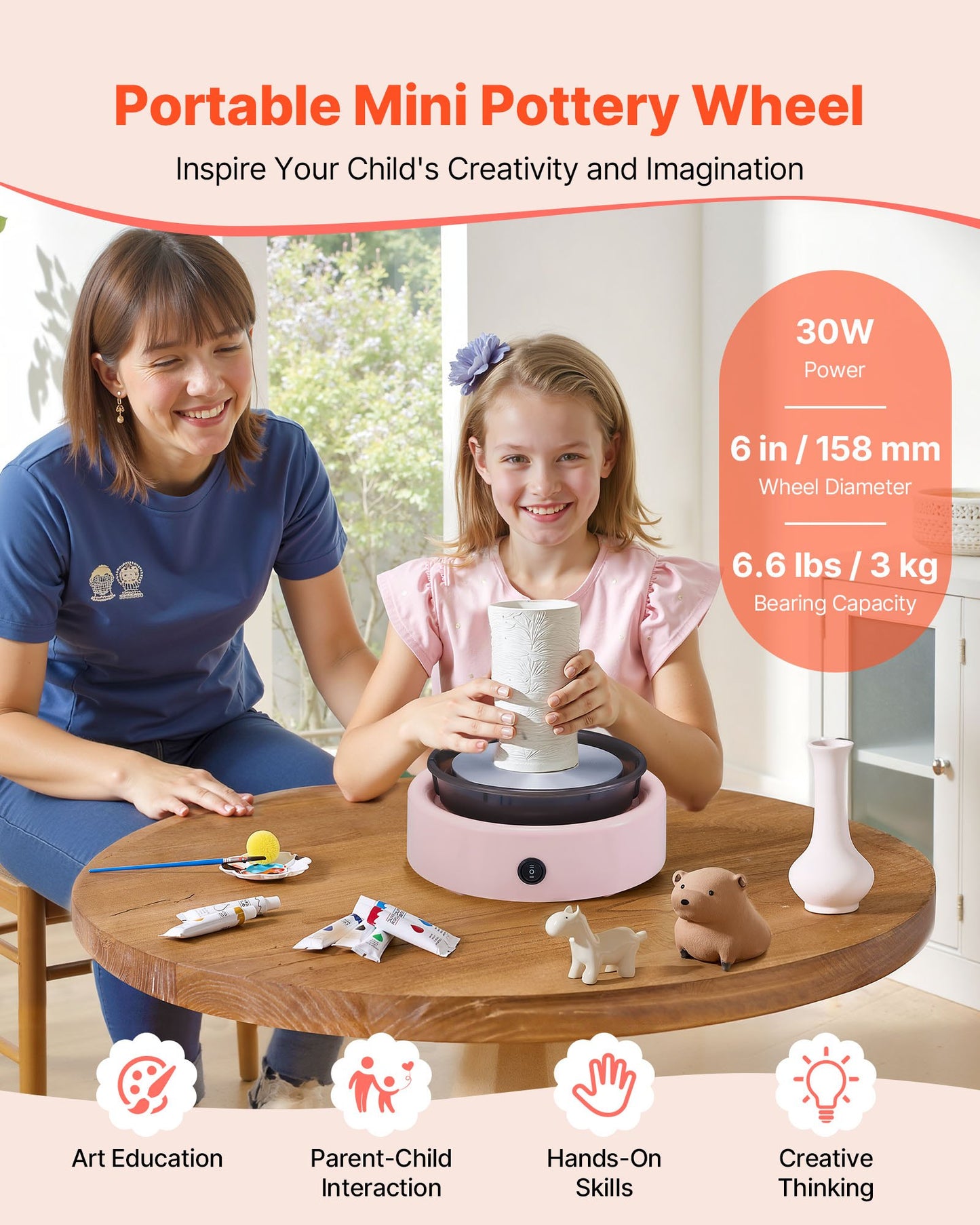 Mini Pottery Wheel, 158 mm Turntable, Forward and Reverse Rotation, Adjustable Speed, Electric Clay Wheel for Kids and Beginners, with Shaping Tools, for Home DIY, Pottery Classes, Pink