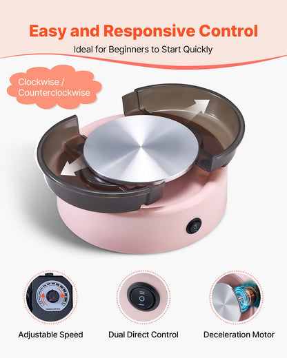Mini Pottery Wheel, 158 mm Turntable, Forward and Reverse Rotation, Adjustable Speed, Electric Clay Wheel for Kids and Beginners, with Shaping Tools, for Home DIY, Pottery Classes, Pink