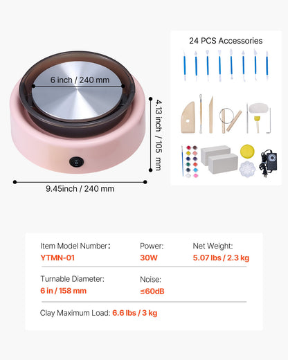 Mini Pottery Wheel, 158 mm Turntable, Forward and Reverse Rotation, Adjustable Speed, Electric Clay Wheel for Kids and Beginners, with Shaping Tools, for Home DIY, Pottery Classes, Pink