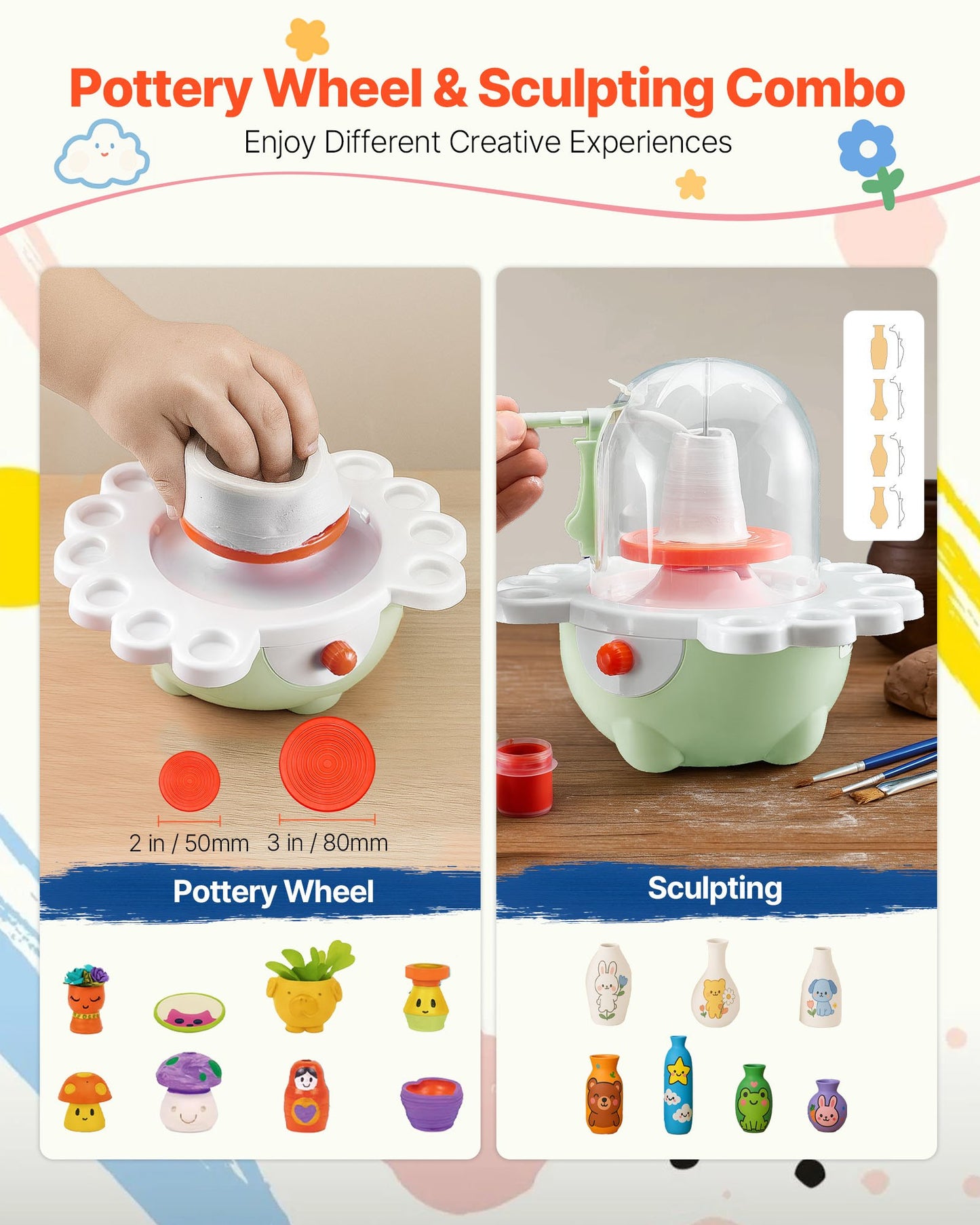 Mini Pottery Wheel, 50 mm and 80 mm Turntables, Adjustable Speed, Electric Clay Wheel for Kids and Beginners, Complete Pottery Set with Clay Sculpting Tools, Gift for Boys and Girls, Green