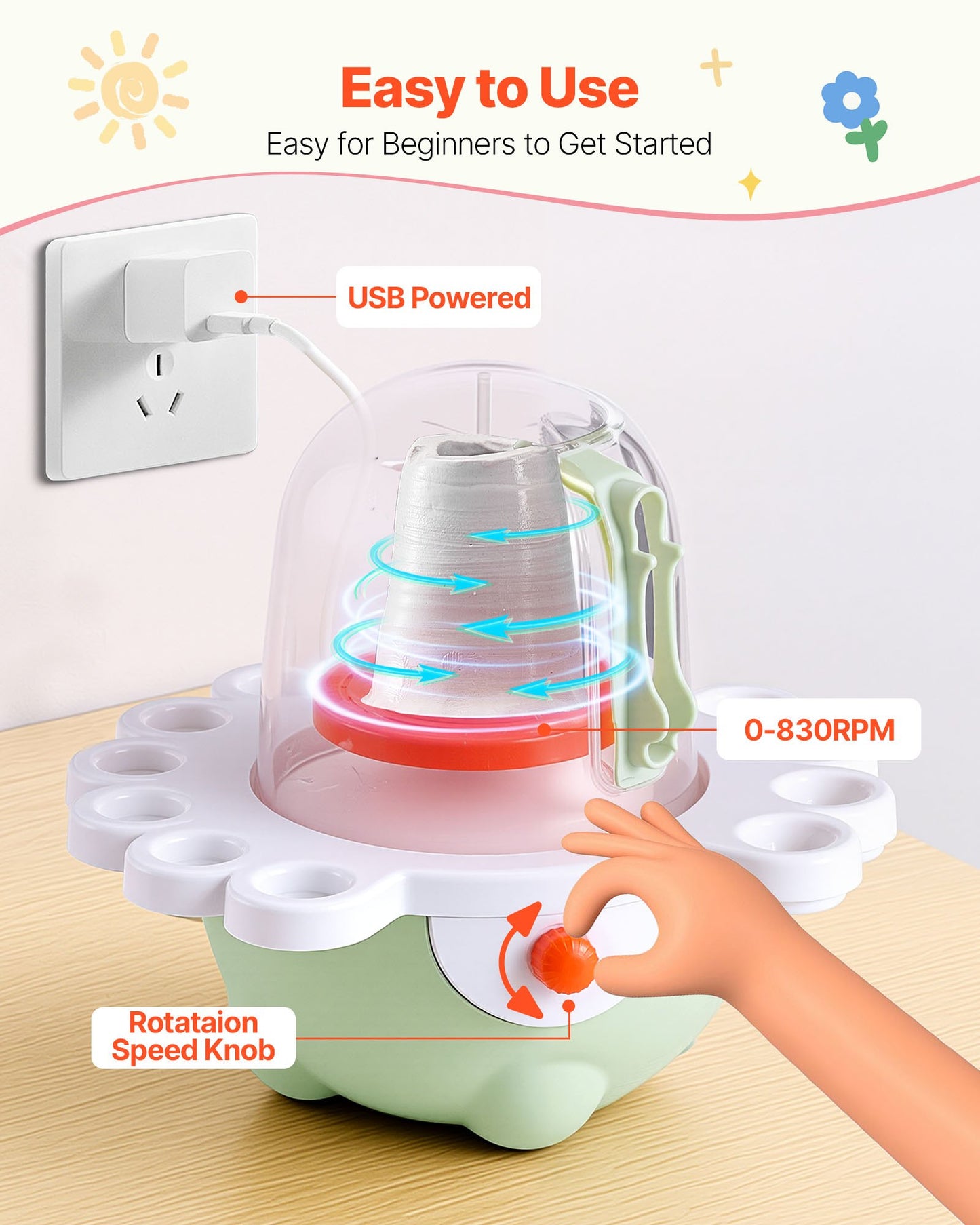 Mini Pottery Wheel, 50 mm and 80 mm Turntables, Adjustable Speed, Electric Clay Wheel for Kids and Beginners, Complete Pottery Set with Clay Sculpting Tools, Gift for Boys and Girls, Green