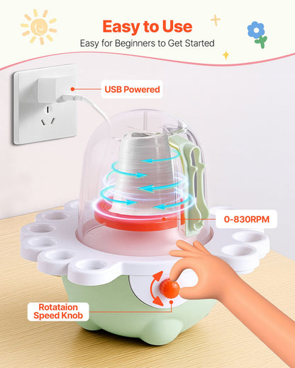 Mini Pottery Wheel, 50 mm and 80 mm Turntables, Adjustable Speed, Electric Clay Wheel for Kids and Beginners, Complete Pottery Set with Clay Sculpting Tools, Gift for Boys and Girls, Green