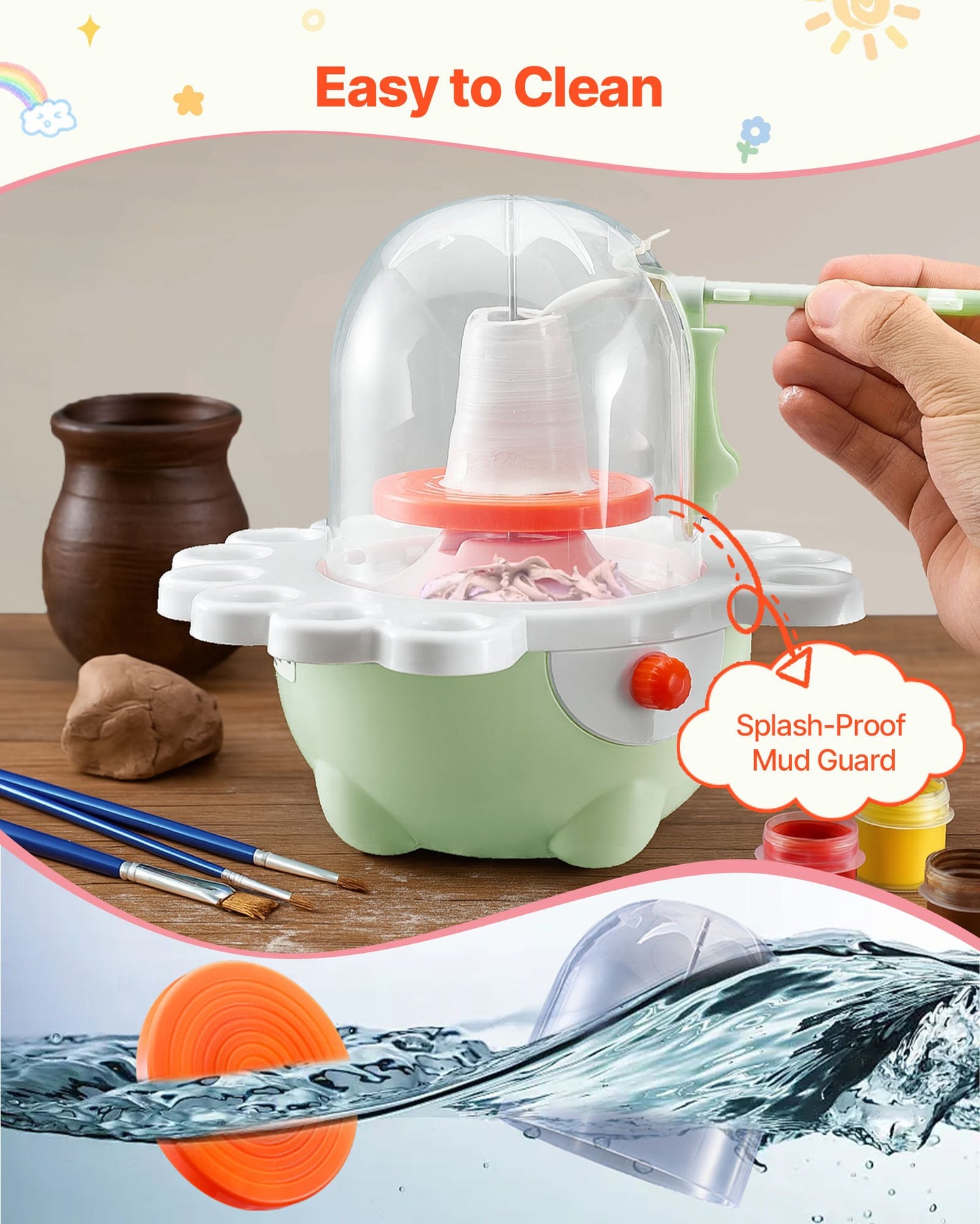 Mini Pottery Wheel, 50 mm and 80 mm Turntables, Adjustable Speed, Electric Clay Wheel for Kids and Beginners, Complete Pottery Set with Clay Sculpting Tools, Gift for Boys and Girls, Green