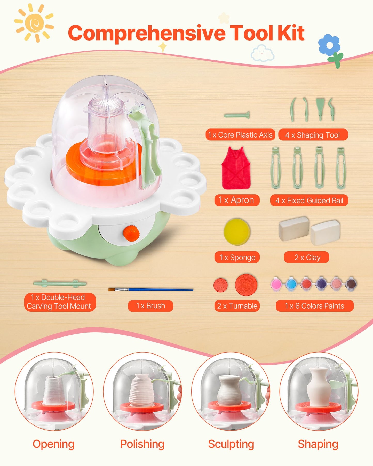 Mini Pottery Wheel, 50 mm and 80 mm Turntables, Adjustable Speed, Electric Clay Wheel for Kids and Beginners, Complete Pottery Set with Clay Sculpting Tools, Gift for Boys and Girls, Green