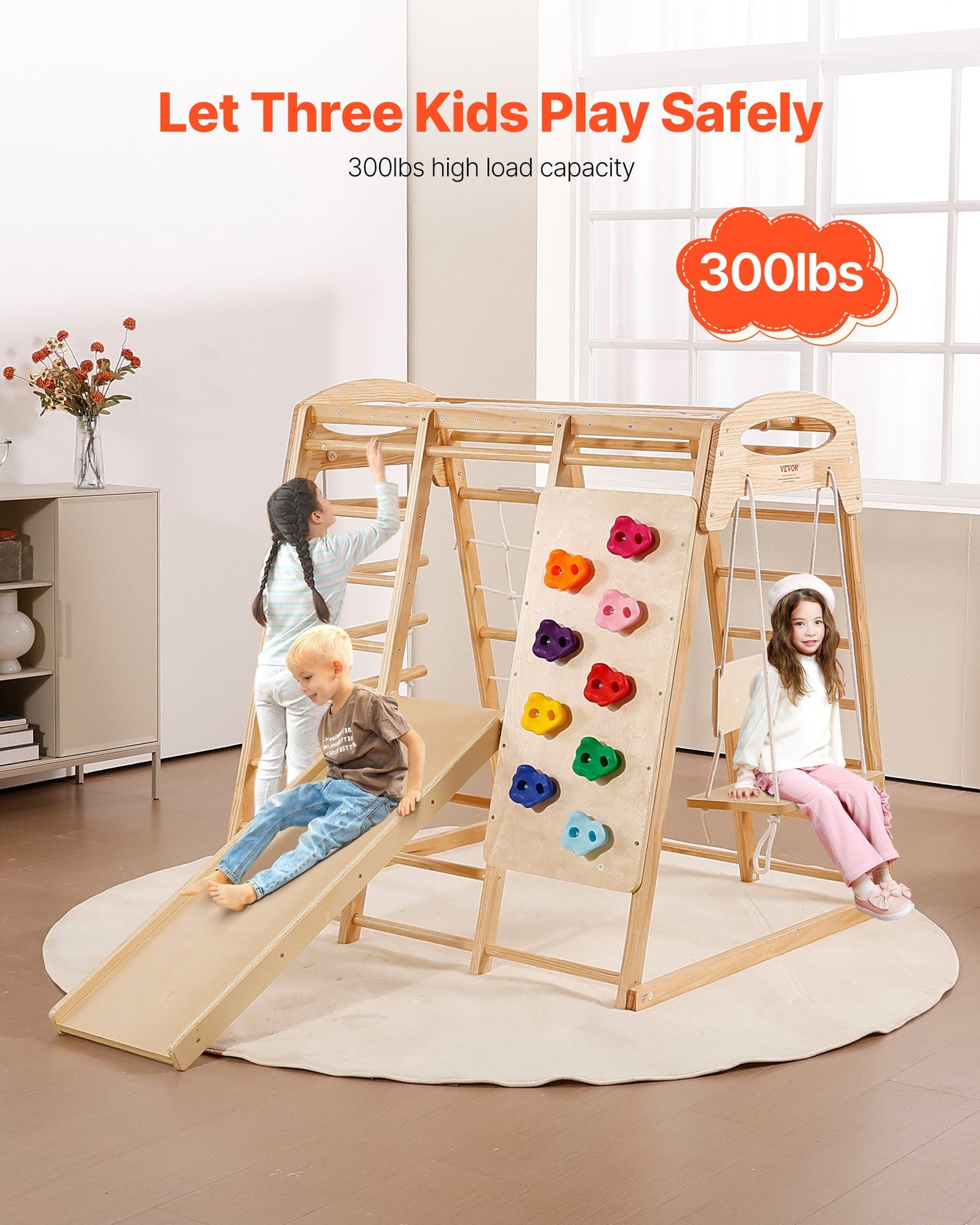 Indoor Jungle Gym, 7-in-1 Toddler Indoor Playground, 109 x 120 x 119.5 cm, with Wood and Rope Ladder, Net Ladder, Swing, Monkey Bar, Slide, Climbing Wall, Wooden Indoor Climbing Toys for Kids