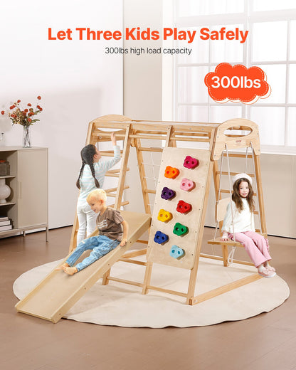 Indoor Jungle Gym, 7-in-1 Toddler Indoor Playground, 109 x 120 x 119.5 cm, with Wood and Rope Ladder, Net Ladder, Swing, Monkey Bar, Slide, Climbing Wall, Wooden Indoor Climbing Toys for Kids
