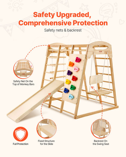 Indoor Jungle Gym, 7-in-1 Toddler Indoor Playground, 109 x 120 x 119.5 cm, with Wood and Rope Ladder, Net Ladder, Swing, Monkey Bar, Slide, Climbing Wall, Wooden Indoor Climbing Toys for Kids