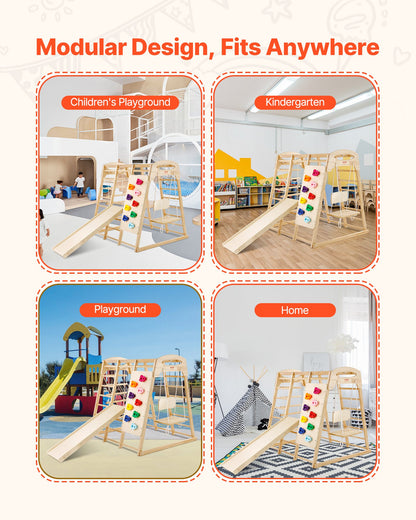 Indoor Jungle Gym, 7-in-1 Toddler Indoor Playground, 109 x 120 x 119.5 cm, with Wood and Rope Ladder, Net Ladder, Swing, Monkey Bar, Slide, Climbing Wall, Wooden Indoor Climbing Toys for Kids