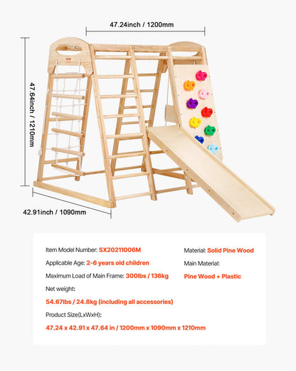 Indoor Jungle Gym, 7-in-1 Toddler Indoor Playground, 109 x 120 x 119.5 cm, with Wood and Rope Ladder, Net Ladder, Swing, Monkey Bar, Slide, Climbing Wall, Wooden Indoor Climbing Toys for Kids