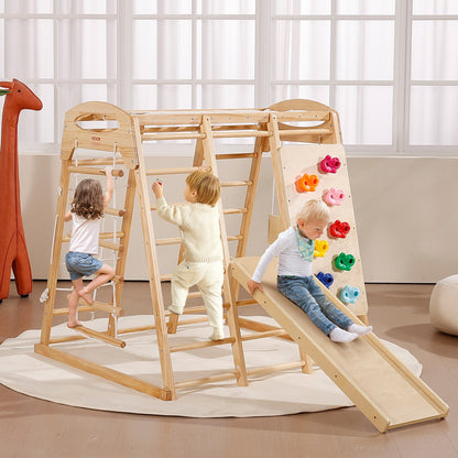 Indoor Jungle Gym, 7-in-1 Toddler Indoor Playground, 109 x 120 x 119.5 cm, with Wood and Rope Ladder, Net Ladder, Swing, Monkey Bar, Slide, Climbing Wall, Wooden Indoor Climbing Toys for Kids