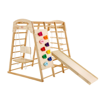 Indoor Jungle Gym, 7-in-1 Toddler Indoor Playground, 109 x 120 x 119.5 cm, with Wood and Rope Ladder, Net Ladder, Swing, Monkey Bar, Slide, Climbing Wall, Wooden Indoor Climbing Toys for Kids