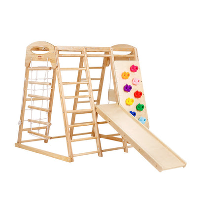 Indoor Jungle Gym, 7-in-1 Toddler Indoor Playground, 109 x 120 x 119.5 cm, with Wood and Rope Ladder, Net Ladder, Swing, Monkey Bar, Slide, Climbing Wall, Wooden Indoor Climbing Toys for Kids