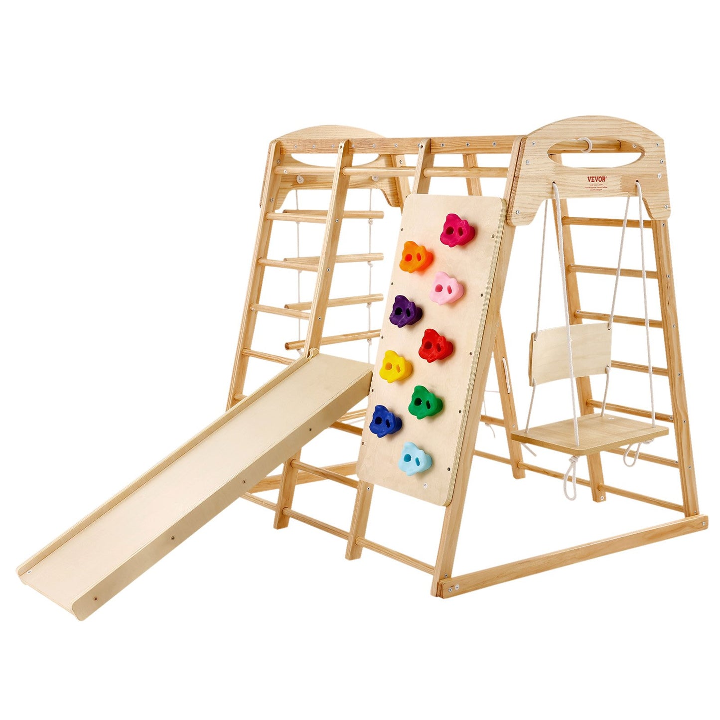 Indoor Jungle Gym, 7-in-1 Toddler Indoor Playground, 109 x 120 x 119.5 cm, with Wood and Rope Ladder, Net Ladder, Swing, Monkey Bar, Slide, Climbing Wall, Wooden Indoor Climbing Toys for Kids