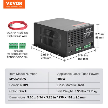 CO2 Laser Power Supply, 100W, Power Supply for 100W Laser Tube, Constant Current Protection, Open Circuit Protection, Fast Heat Dissipation, Compatible for Multi-brand Laser Engravers & Cutters