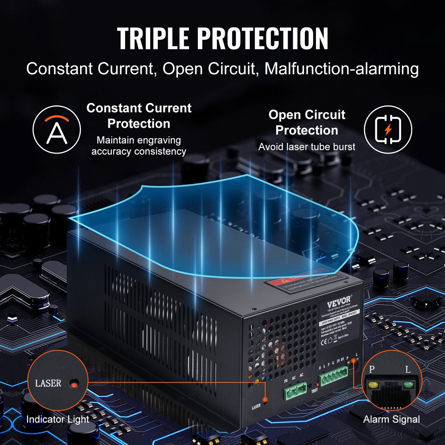 CO2 Laser Power Supply, 150W, Power Supply for 150W Laser Tube, Constant Current Protection, Open Circuit Protection, Fast Heat Dissipation, Compatible for Multi-brand Laser Engravers & Cutters