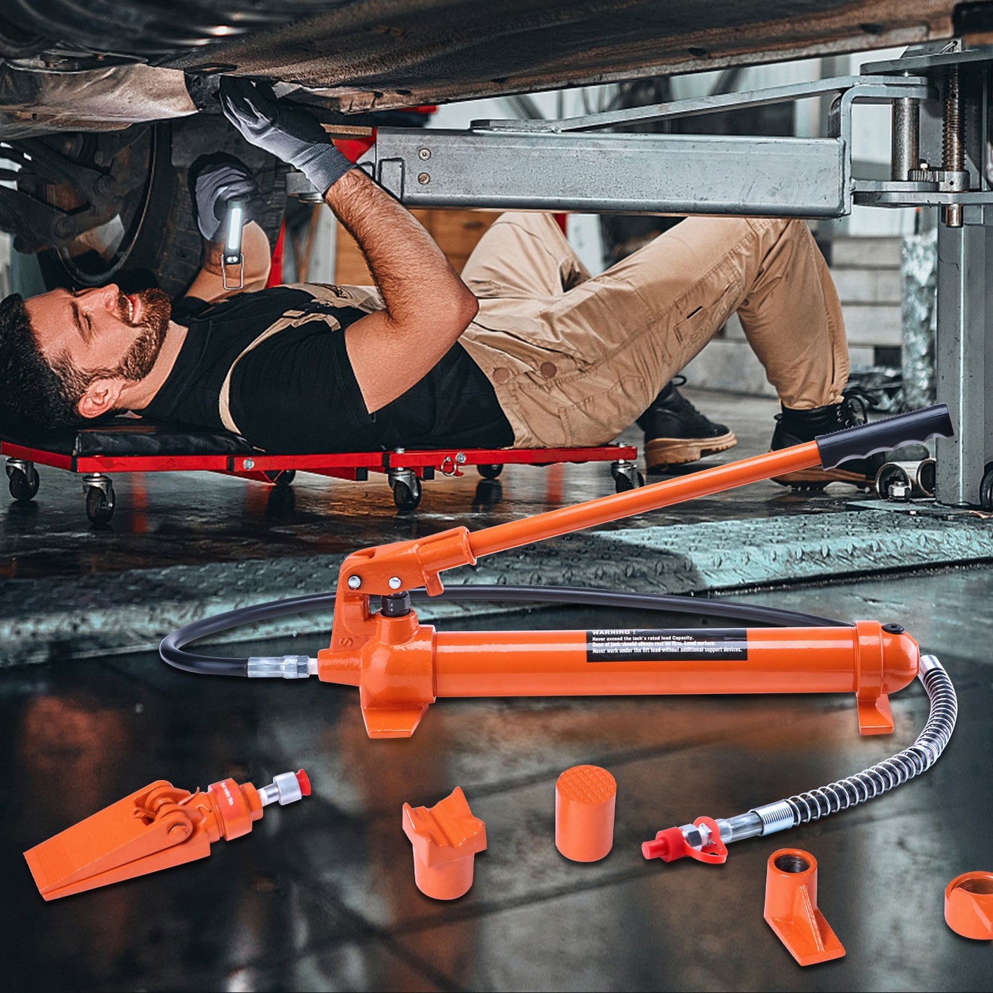 12-Tonnen-Porta-Power-Kit, tragbarer Hydraulikheber mit 1,4 m Ölschlauch, Karosseriereparaturset mit Aufbewahrungskoffer für Pkw, Lkw und Landwirtschaft