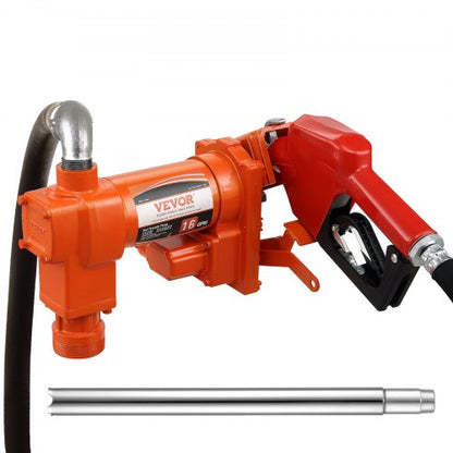 Fuel Transfer Pump, 12V DC 16 GPM 1/4 HP, Gasoline Extractor Pump with Automatic Nozzle, Discharge Hose & Suction Pipe for Gasoline, Diesel, Kerosene, Ethanol & Methanol Blends, and Biodiesel