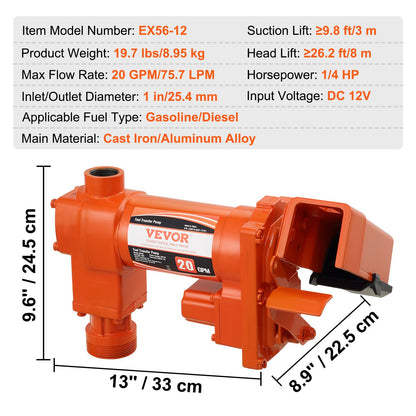 Fuel Transfer Pump, 12V DC 20 GPM 1/4 HP, High Flow Cast Iron Gasoline Extractor Pump with Fuel Collection Box Design for Gasoline, Diesel, Kerosene, Ethanol & Methanol Blends, and Biodiesel