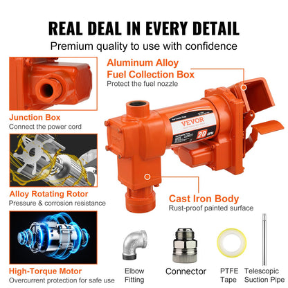 Fuel Transfer Pump, 12V DC 20 GPM 1/4 HP, Gasoline Extractor Pump with Automatic Nozzle, Discharge Hose & Suction Pipe for Gasoline, Diesel, Kerosene, Ethanol & Methanol Blends, and Biodiesel
