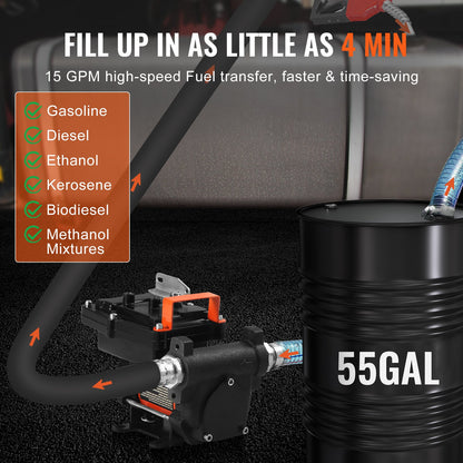 Fuel Transfer Pump, 12V DC 57L/min(15 GPM) 186W(1/4 HP), Portable Electric Diesel Transfer Pump with Auto Shut-Off Fuel Nozzle, Long Inlet & Outlet Hose for Gasoline, Diesel, Kerosene, Methanol Blends