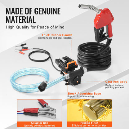 Fuel Transfer Pump, 12V DC 57L/min(15 GPM) 186W(1/4 HP), Portable Electric Diesel Transfer Pump with Auto Shut-Off Fuel Nozzle, Long Inlet & Outlet Hose for Gasoline, Diesel, Kerosene, Methanol Blends