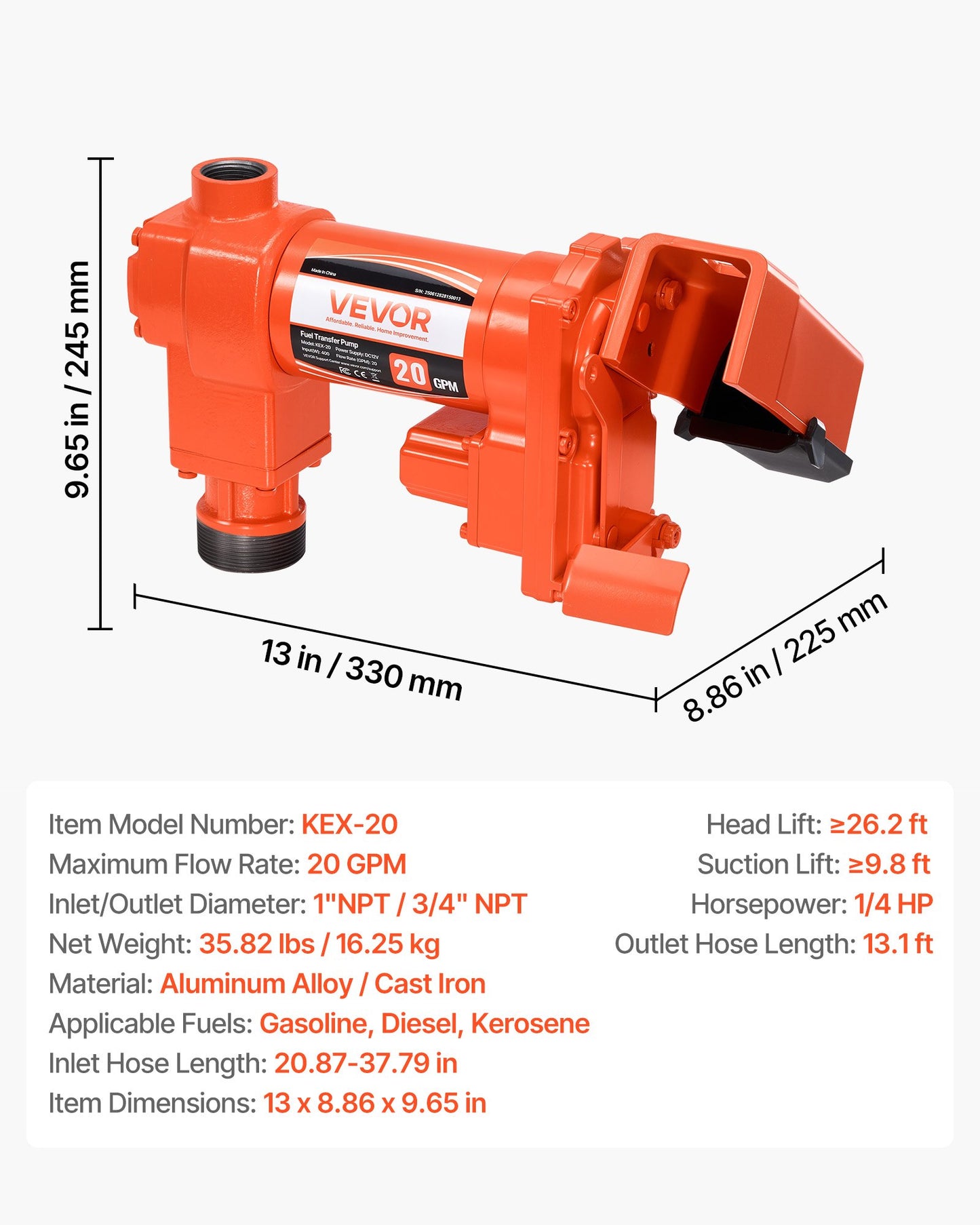 Fuel Transfer Pump, 12V DC 76 L/min(20 GPM) 186W(1/4 HP) Diesel Pump, Extractor Pumps with Manual Nozzle, Discharge Hose and Suction Pipe, for Gasoline, Diesel, Kerosene, Ethanol-Methanol Blends & Biodiesel