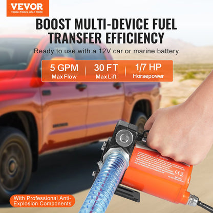 Fuel Transfer Pump, 12V DC 19L/min(5.3 GPM) 75W(1/10 HP), Portable Electric Diesel Transfer Pump with Auto Shut-Off Fuel Nozzle, Long Inlet & Outlet Hose for Gasoline, Diesel, Kerosene, Methanol Blends