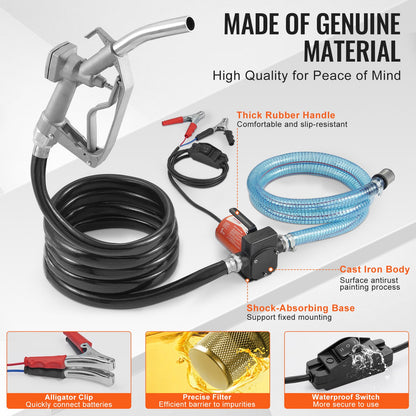 Fuel Transfer Pump, 12V DC 19L/min(5.3 GPM) 75W(1/10 HP), Portable Electric Diesel Transfer Pump with Auto Shut-Off Fuel Nozzle, Long Inlet & Outlet Hose for Gasoline, Diesel, Kerosene, Methanol Blends