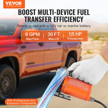 Fuel Transfer Pump, 12V DC 30L/min(8 GPM) 124W(1/6 HP), Portable Electric Diesel Transfer Pump with Auto Shut-Off Fuel Nozzle, Long Inlet & Outlet Hose for Gasoline, Diesel, Kerosene, Methanol Blends
