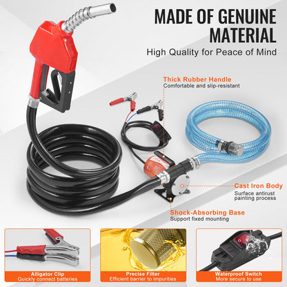 Fuel Transfer Pump, 12V DC 30L/min(8 GPM) 124W(1/6 HP), Portable Electric Diesel Transfer Pump with Auto Shut-Off Fuel Nozzle, Long Inlet & Outlet Hose for Gasoline, Diesel, Kerosene, Methanol Blends