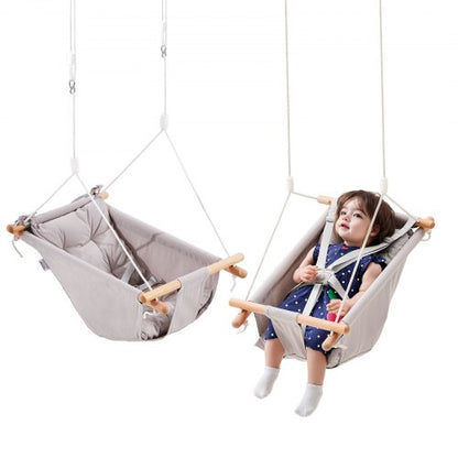 Canvas Hammock Swing, 3 Modes Baby Swing Indoor and Outdoor with 5-Point Harness, and Tree Straps, 150lbs Weight Capacity, Integrated Cushion, Wooden Hanging Swing Seat for Baby to Toddler