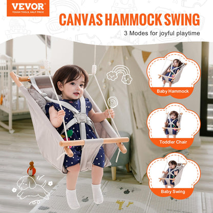 Canvas Hammock Swing, 3 Modes Baby Swing Indoor and Outdoor with 5-Point Harness, and Tree Straps, 150lbs Weight Capacity, Integrated Cushion, Wooden Hanging Swing Seat for Baby to Toddler