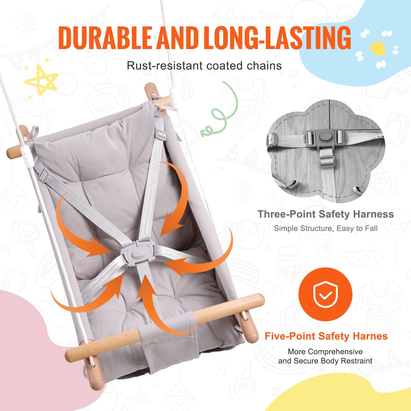 Canvas Hammock Swing, 3 Modes Baby Swing Indoor and Outdoor with 5-Point Harness, and Tree Straps, 150lbs Weight Capacity, Integrated Cushion, Wooden Hanging Swing Seat for Baby to Toddler