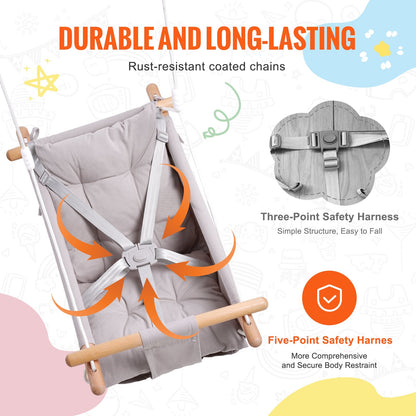 Canvas Hammock Swing, 3 Modes Baby Swing Indoor and Outdoor with 5-Point Harness, and Tree Straps, 150lbs Weight Capacity, Integrated Cushion, Wooden Hanging Swing Seat for Baby to Toddler