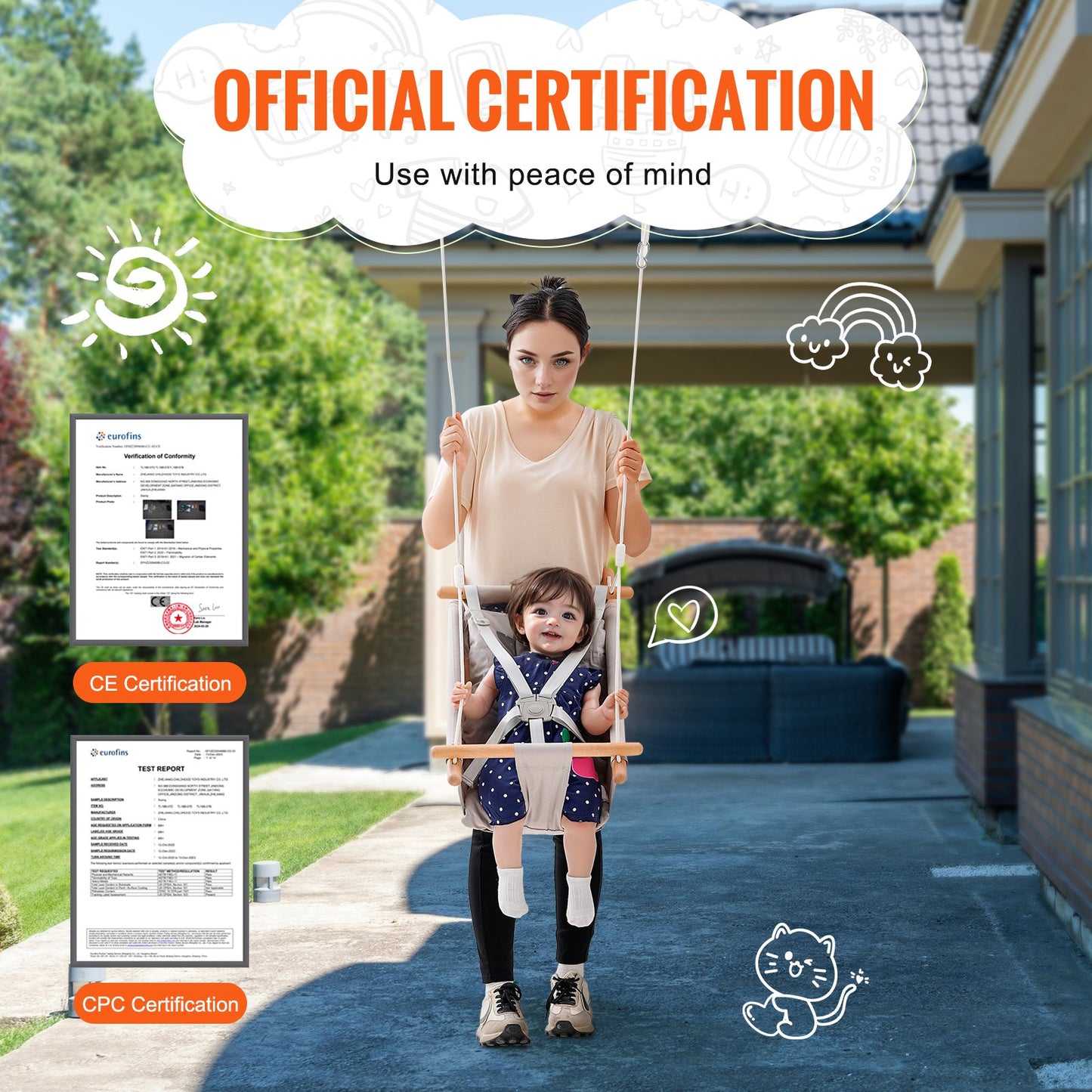 Canvas Hammock Swing, 3 Modes Baby Swing Indoor and Outdoor with 5-Point Harness, and Tree Straps, 150lbs Weight Capacity, Integrated Cushion, Wooden Hanging Swing Seat for Baby to Toddler