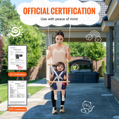 Canvas Hammock Swing, 3 Modes Baby Swing Indoor and Outdoor with 5-Point Harness, and Tree Straps, 150lbs Weight Capacity, Integrated Cushion, Wooden Hanging Swing Seat for Baby to Toddler