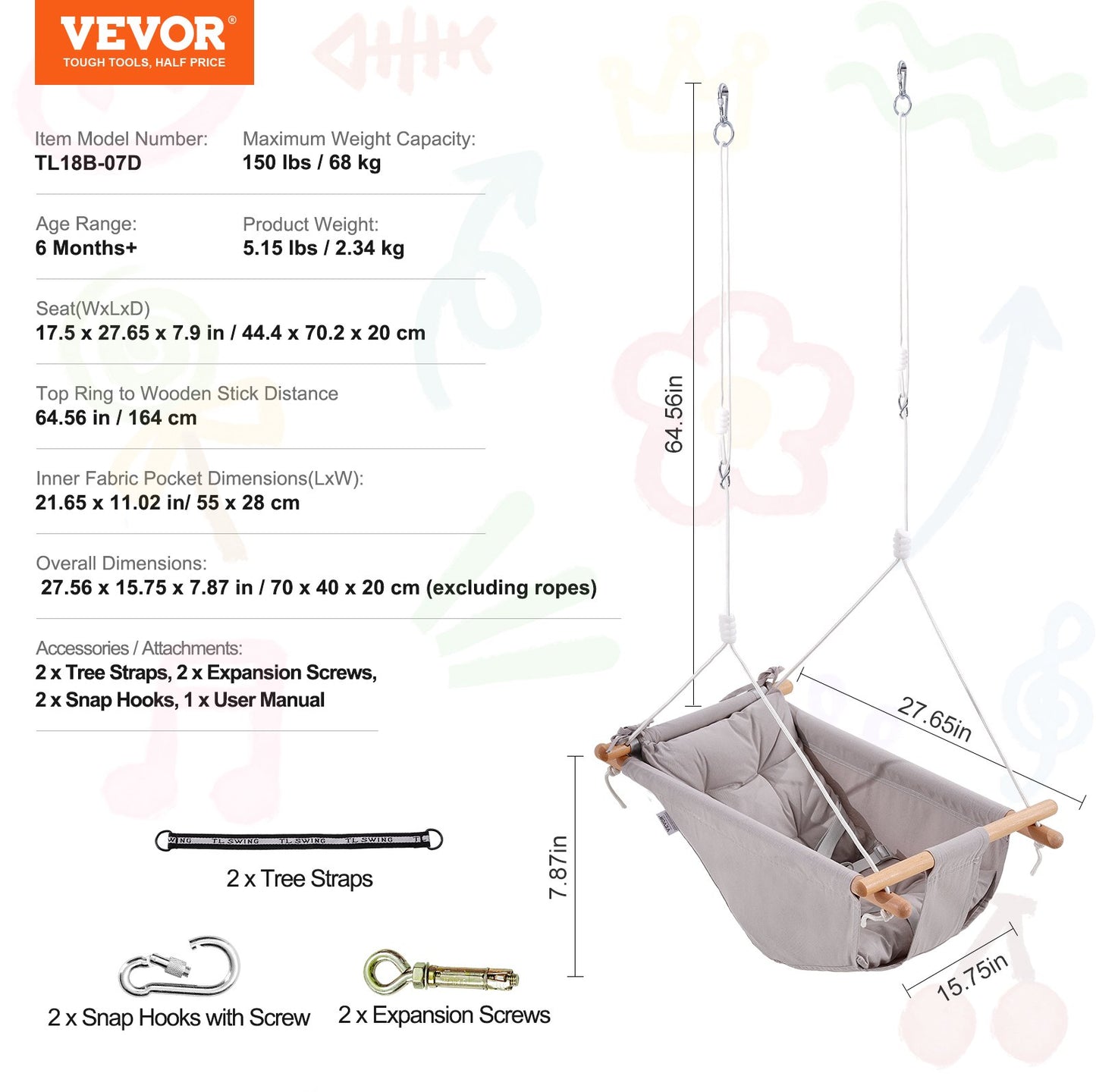Canvas Hammock Swing, 3 Modes Baby Swing Indoor and Outdoor with 5-Point Harness, and Tree Straps, 150lbs Weight Capacity, Integrated Cushion, Wooden Hanging Swing Seat for Baby to Toddler