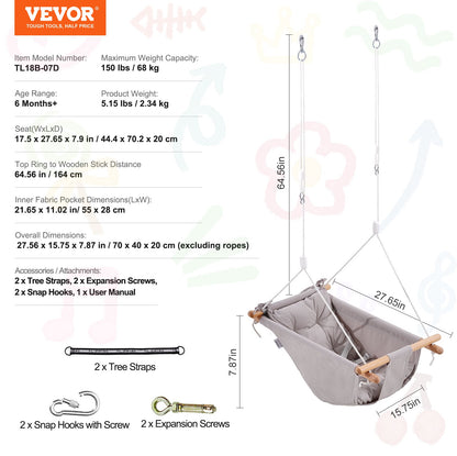 Canvas Hammock Swing, 3 Modes Baby Swing Indoor and Outdoor with 5-Point Harness, and Tree Straps, 150lbs Weight Capacity, Integrated Cushion, Wooden Hanging Swing Seat for Baby to Toddler