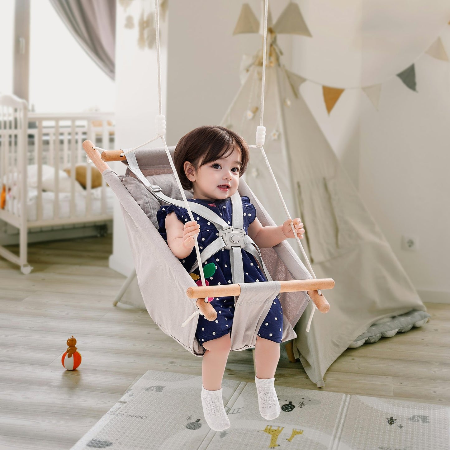 Canvas Hammock Swing, 3 Modes Baby Swing Indoor and Outdoor with 5-Point Harness, and Tree Straps, 150lbs Weight Capacity, Integrated Cushion, Wooden Hanging Swing Seat for Baby to Toddler