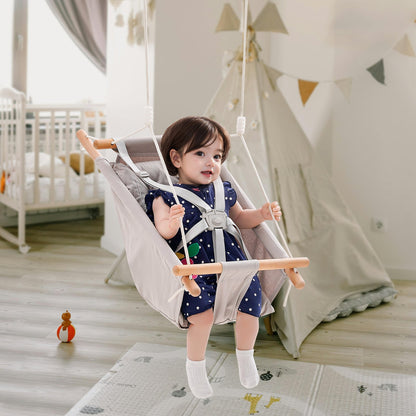 Canvas Hammock Swing, 3 Modes Baby Swing Indoor and Outdoor with 5-Point Harness, and Tree Straps, 150lbs Weight Capacity, Integrated Cushion, Wooden Hanging Swing Seat for Baby to Toddler
