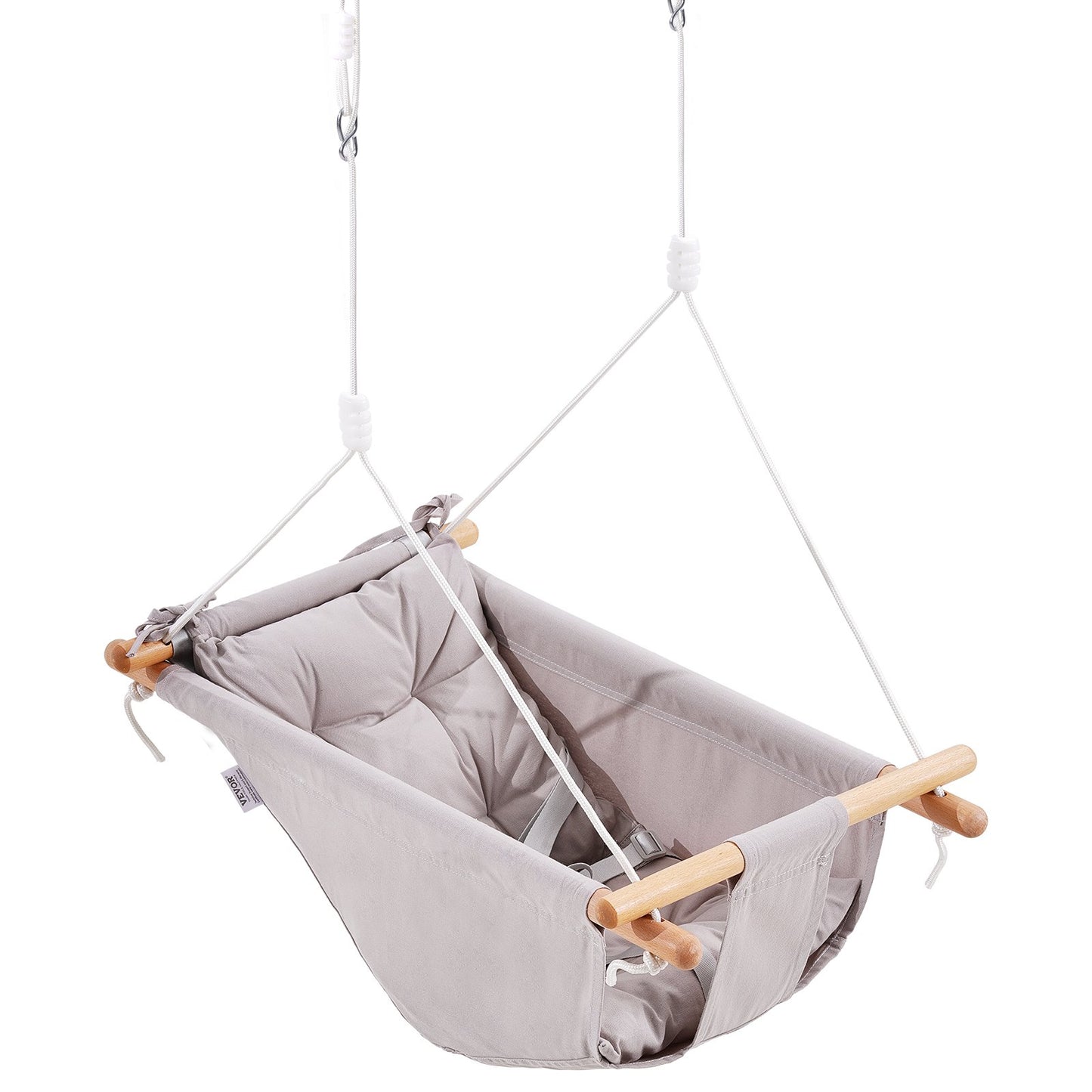 Canvas Hammock Swing, 3 Modes Baby Swing Indoor and Outdoor with 5-Point Harness, and Tree Straps, 150lbs Weight Capacity, Integrated Cushion, Wooden Hanging Swing Seat for Baby to Toddler