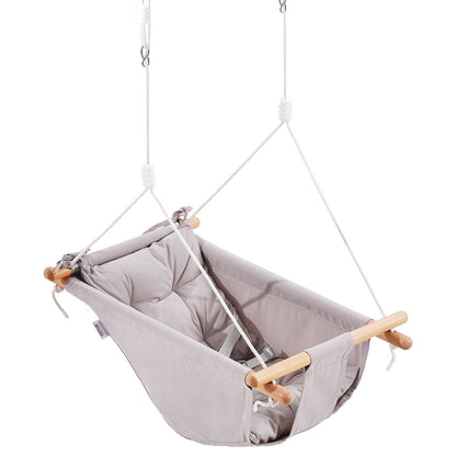 Canvas Hammock Swing, 3 Modes Baby Swing Indoor and Outdoor with 5-Point Harness, and Tree Straps, 150lbs Weight Capacity, Integrated Cushion, Wooden Hanging Swing Seat for Baby to Toddler