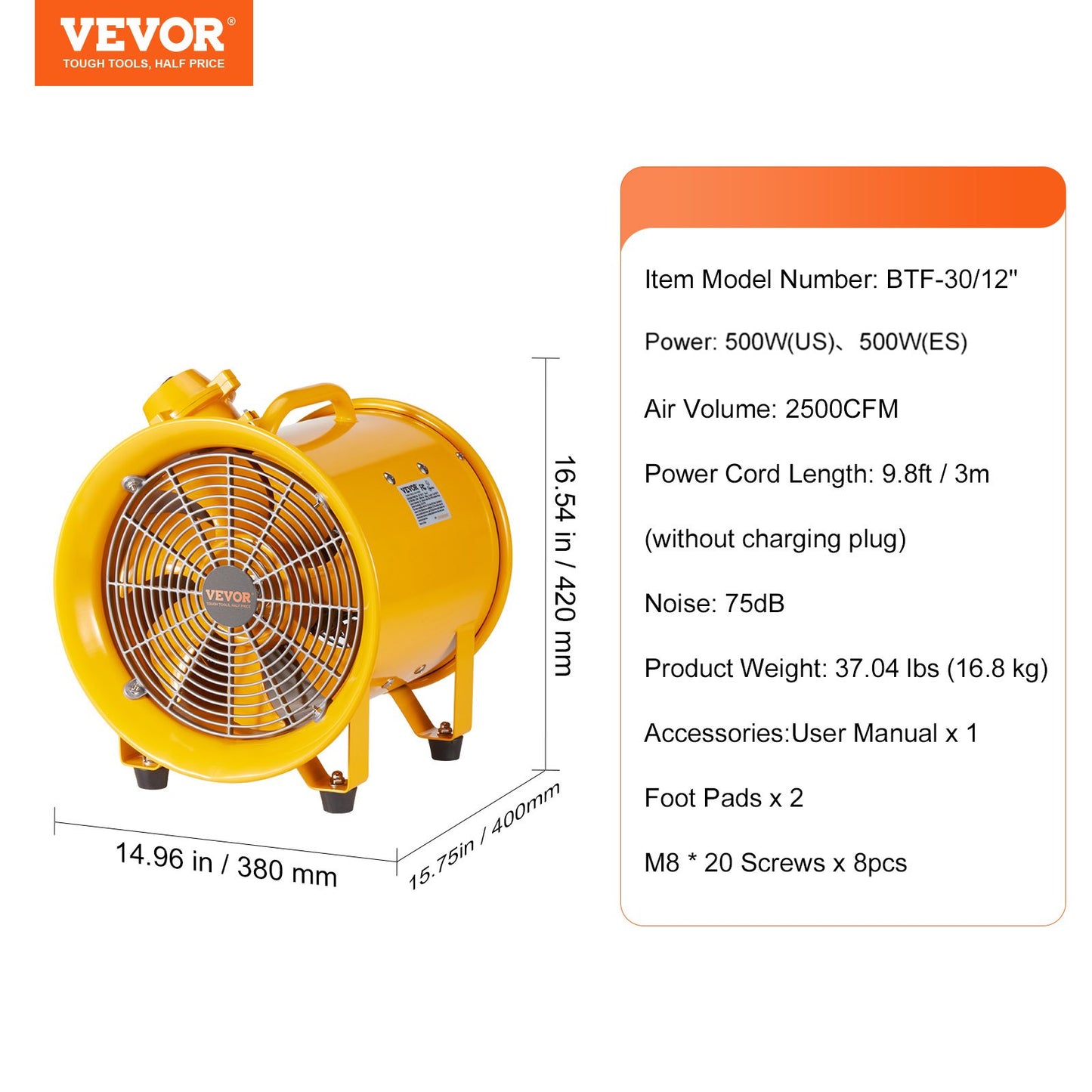 Portable Ventilator, 304.8mm Heavy Duty Cylinder Fan, 500W Strong Shop Exhaust Fan 2500CFM, 3m Power Cord (No charging head), Industrial Utility Blower for Sucking Dust, Smoke Home/Workplace