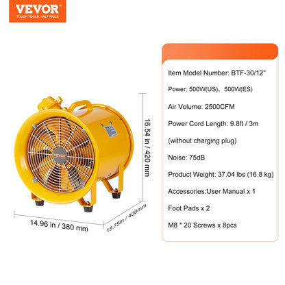 Portable Ventilator, 304.8mm Heavy Duty Cylinder Fan, 500W Strong Shop Exhaust Fan 2500CFM, 3m Power Cord (No charging head), Industrial Utility Blower for Sucking Dust, Smoke Home/Workplace