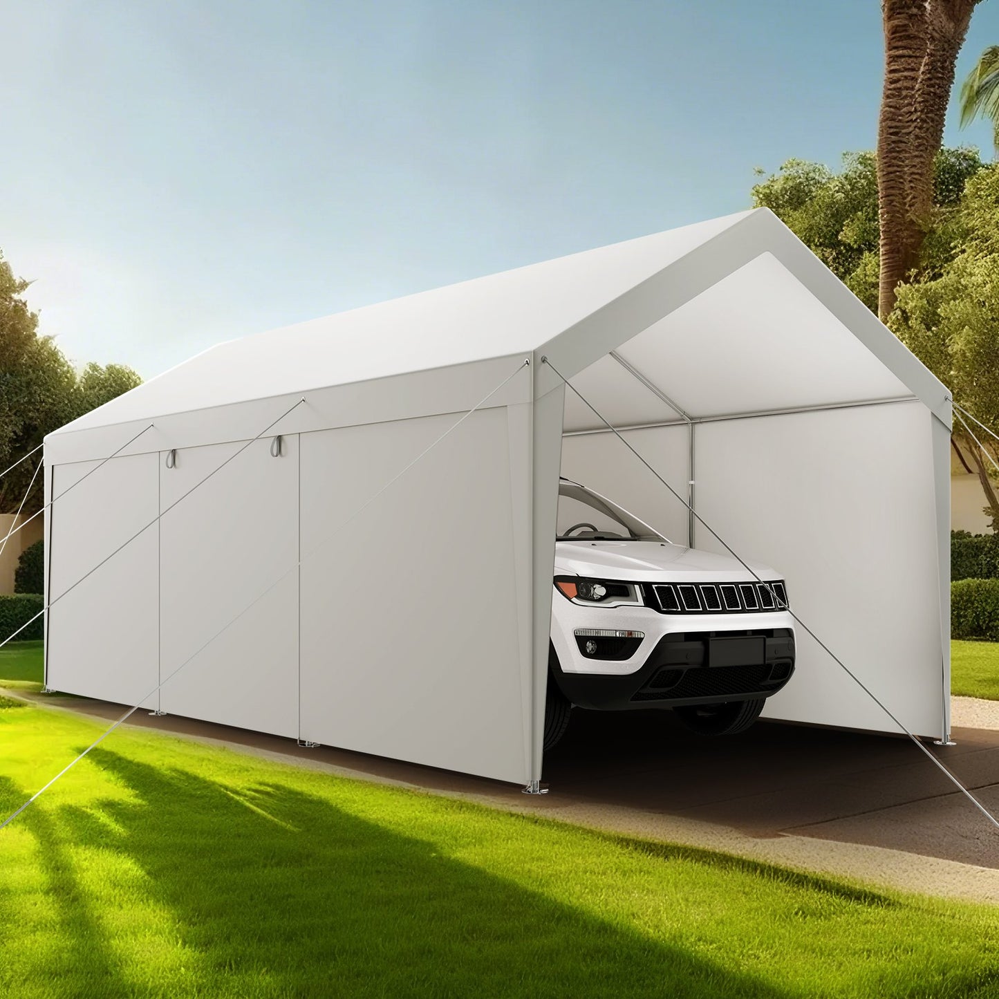 Carport, 10 x 20 FT Outdoor Car Canopy, Potable Carport with Removable Sidewalls & Door, Heavy Duty Car Shelter, UV-Resistant & Water-Resistant, All-Season Protection for Automobile Boat White