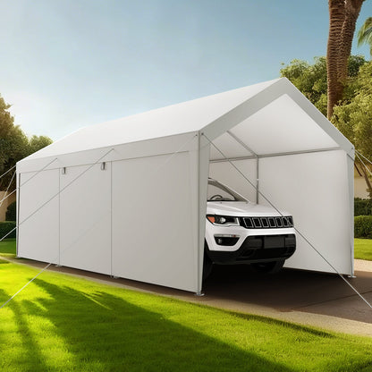 Carport, 10 x 20 FT Outdoor Car Canopy, Potable Carport with Removable Sidewalls & Door, Heavy Duty Car Shelter, UV-Resistant & Water-Resistant, All-Season Protection for Automobile Boat White