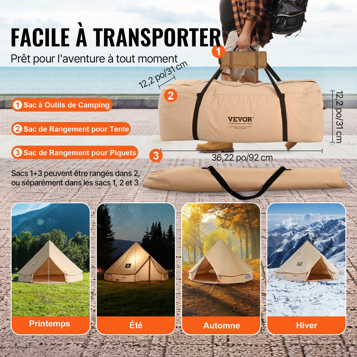 Canvas-Glockenzelt, 4 m/13,12 ft Jurtenzelt für 4 Jahreszeiten, Canvas-Zelt mit Ofenrohrdurchführung, atmungsaktiv, für bis zu 6 Personen, ideal für Familien-Camping, Outdoor-Aktivitäten und Jagdausflüge