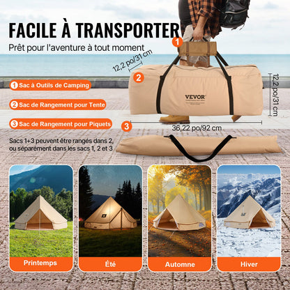 Canvas-Glockenzelt, 4 m/13,12 ft Jurtenzelt für 4 Jahreszeiten, Canvas-Zelt mit Ofenrohrdurchführung, atmungsaktiv, für bis zu 6 Personen, ideal für Familien-Camping, Outdoor-Aktivitäten und Jagdausflüge