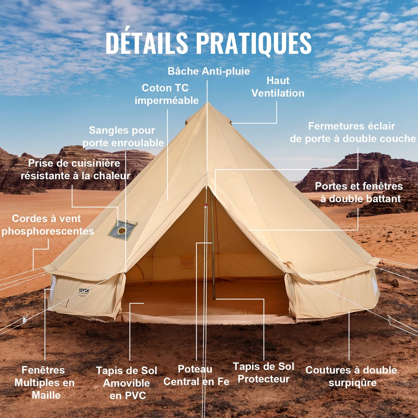 Canvas-Glockenzelt, 4 m/13,12 ft Jurtenzelt für 4 Jahreszeiten, Canvas-Zelt mit Ofenrohrdurchführung, atmungsaktiv, für bis zu 6 Personen, ideal für Familien-Camping, Outdoor-Aktivitäten und Jagdausflüge