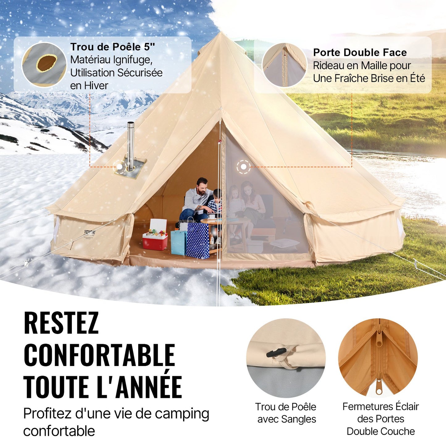 Glockenzelt aus Segeltuch, 5 m/16,4 ft Jurtenzelt für 4 Jahreszeiten, Campingzelt aus Segeltuch mit Ofenrohrdurchführung, atmungsaktives Zelt für bis zu 8 Personen, ideal für Familien-Camping, Outdoor-Aktivitäten und Jagdausflüge